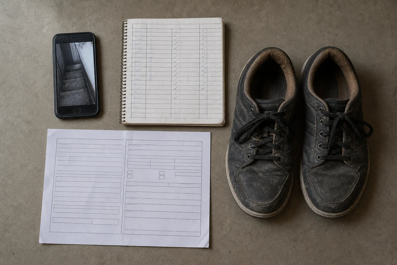 Evidence for a fall claim: phone with a dark scene photo, maintenance log, incident report, and shoes