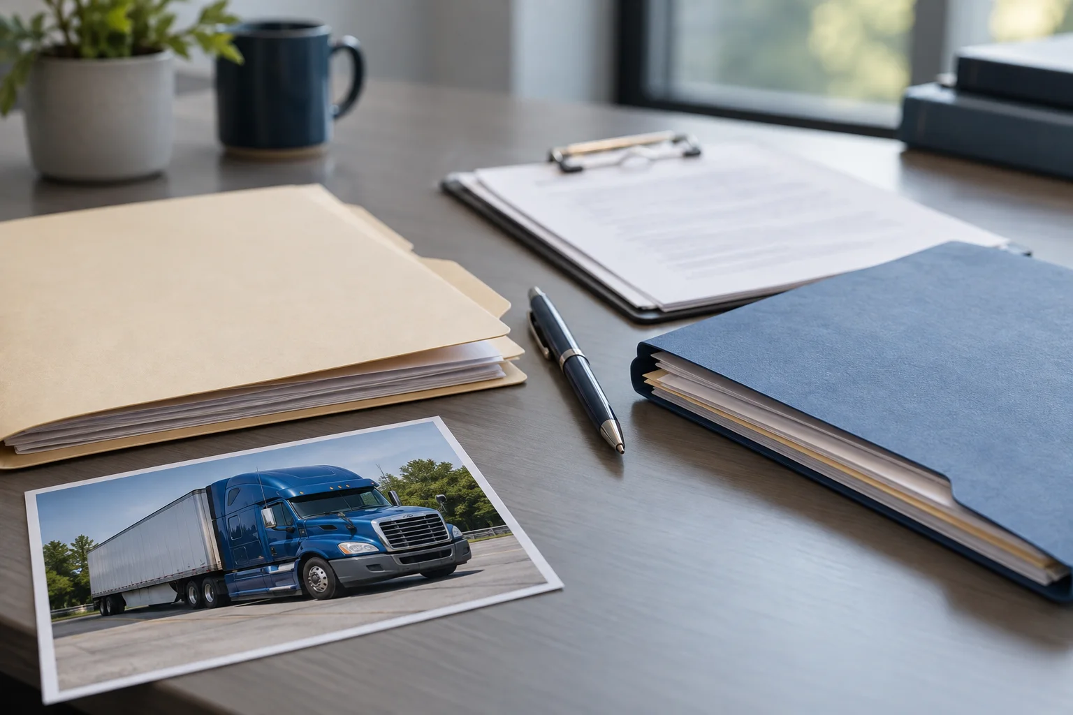 Separate document folders and clipboard for organizing truck crash and inspection records