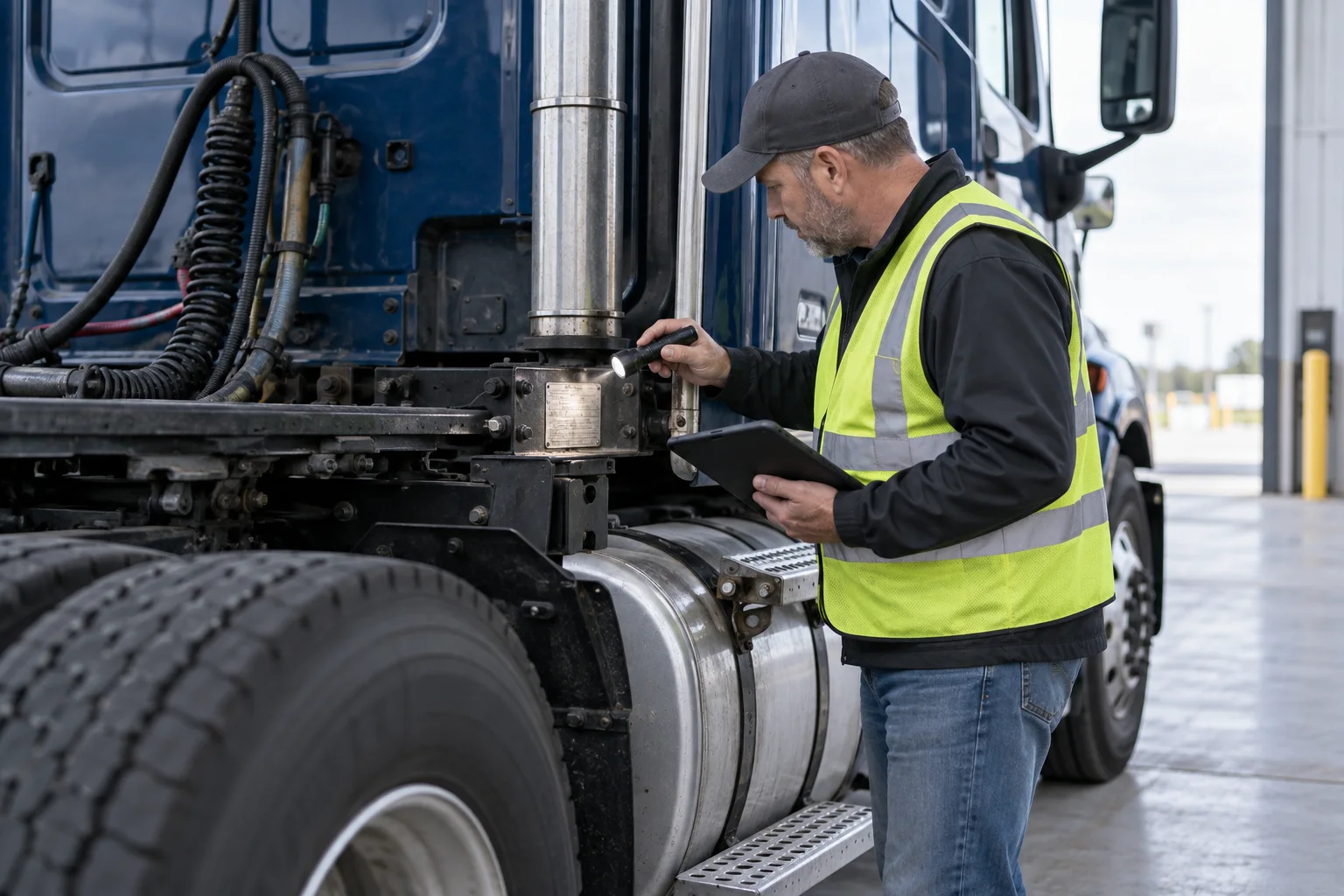 Inspector checking identification on a stationary commercial truck