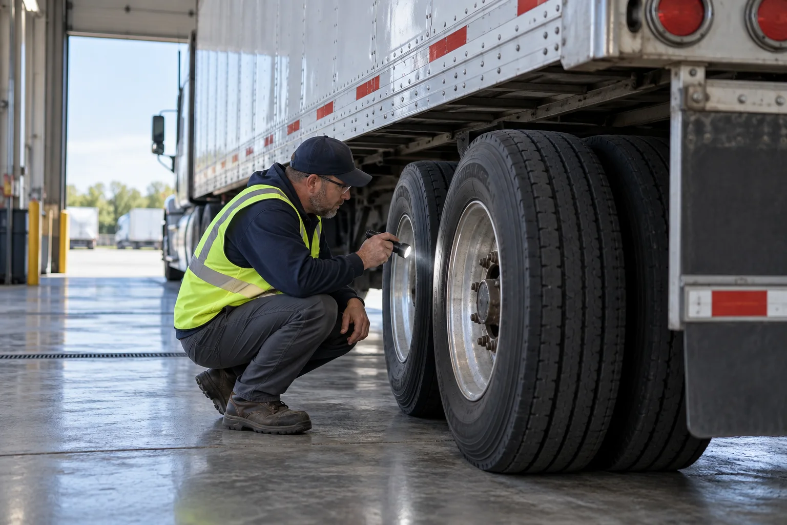 Inspector examining a stationary trailer wheel from beside the vehicle