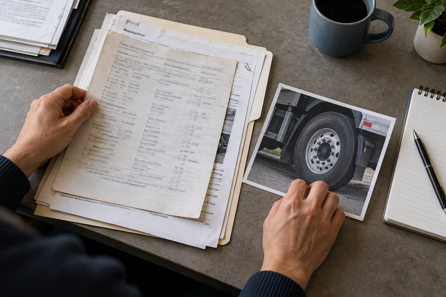 Hands comparing papers and a truck-wheel photograph on a desk