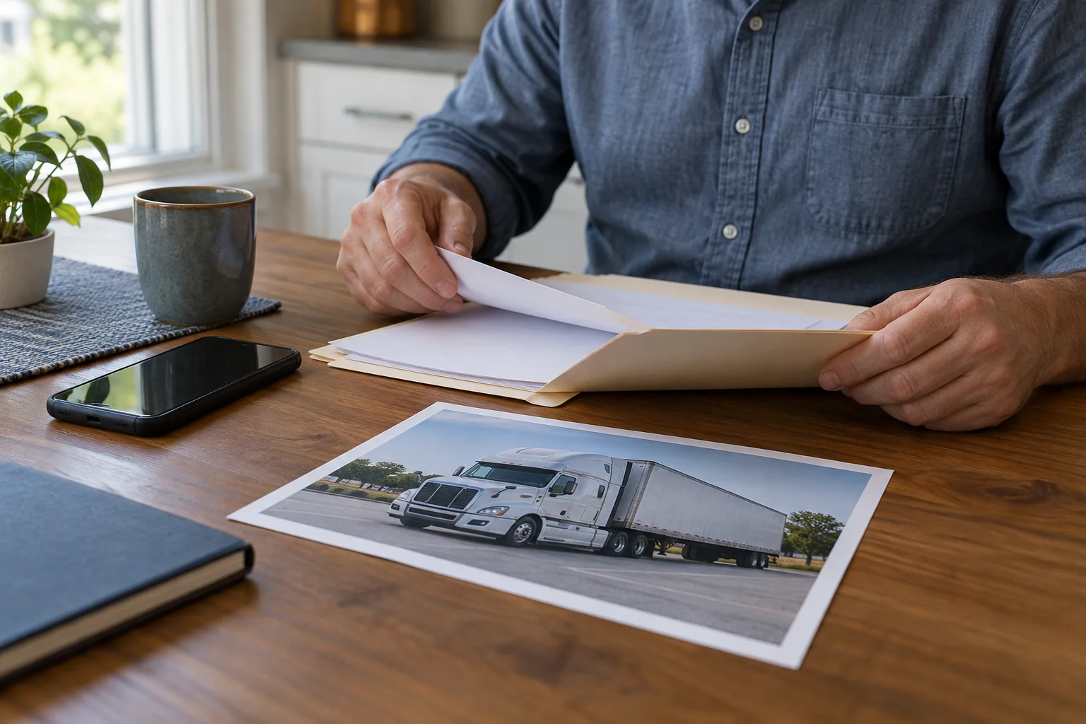Person organizing a folder and photographs before a consultation