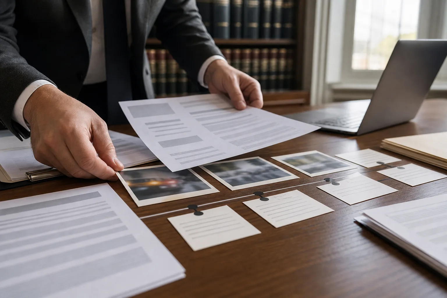 Legal evidence and timeline materials being reviewed in a Fort Wayne office