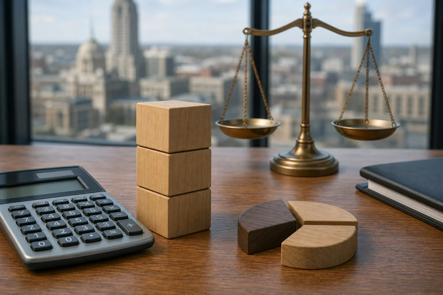 Calculator, wooden blocks, and balance scale illustrating Indiana punitive-damage limits