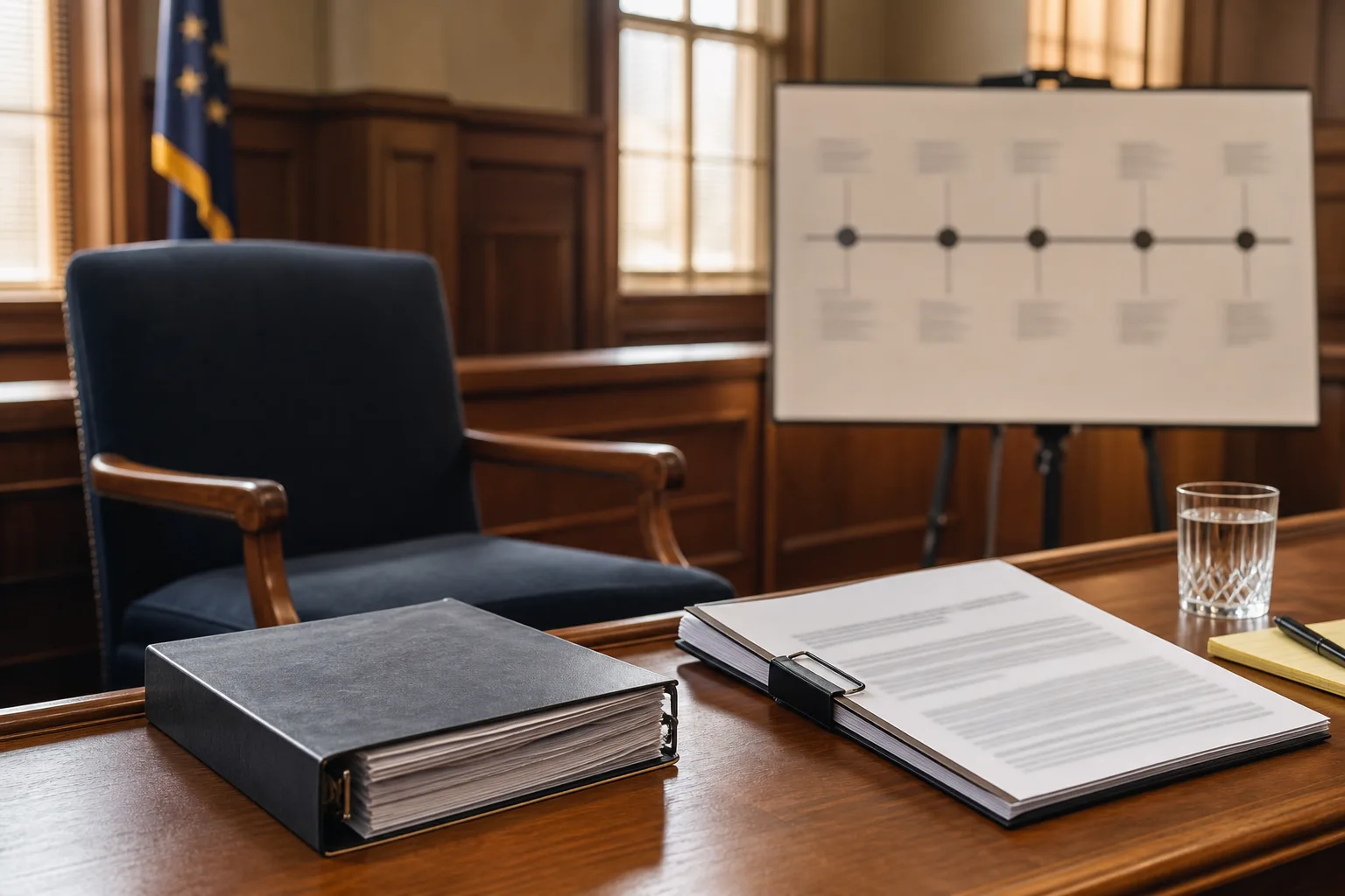 Courtroom evidence binder and timeline prepared for clear and convincing proof