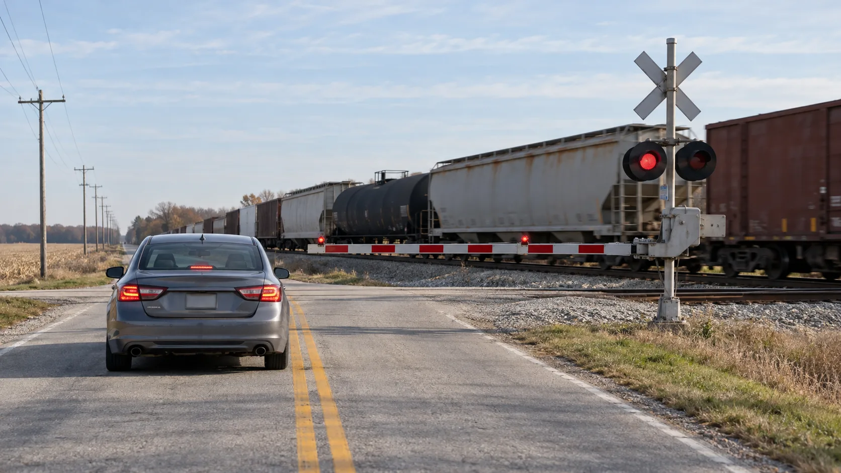 Illustration of Driver stopped behind lowered gates at an Indiana railroad crossing
