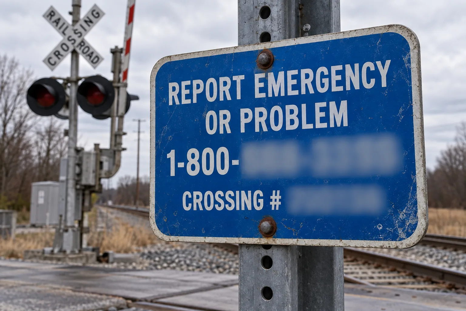 Illustration of Emergency Notification System sign beside railroad crossing equipment