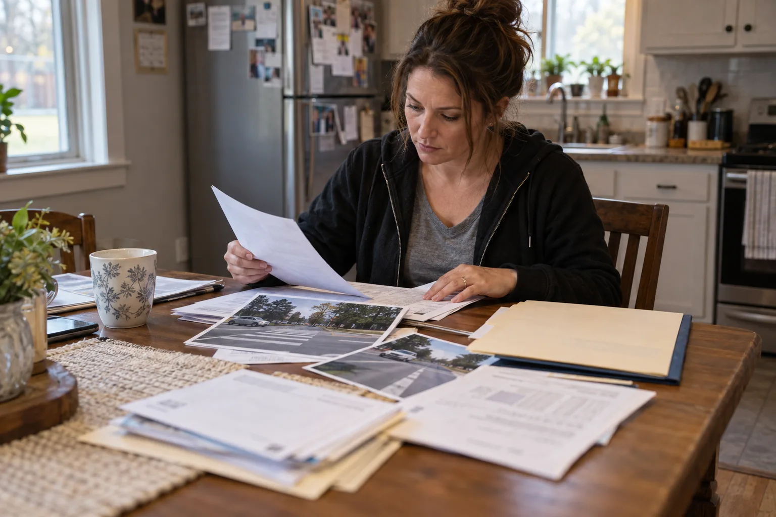 Illustration of Person organizing photographs and records after a railroad-crossing collision