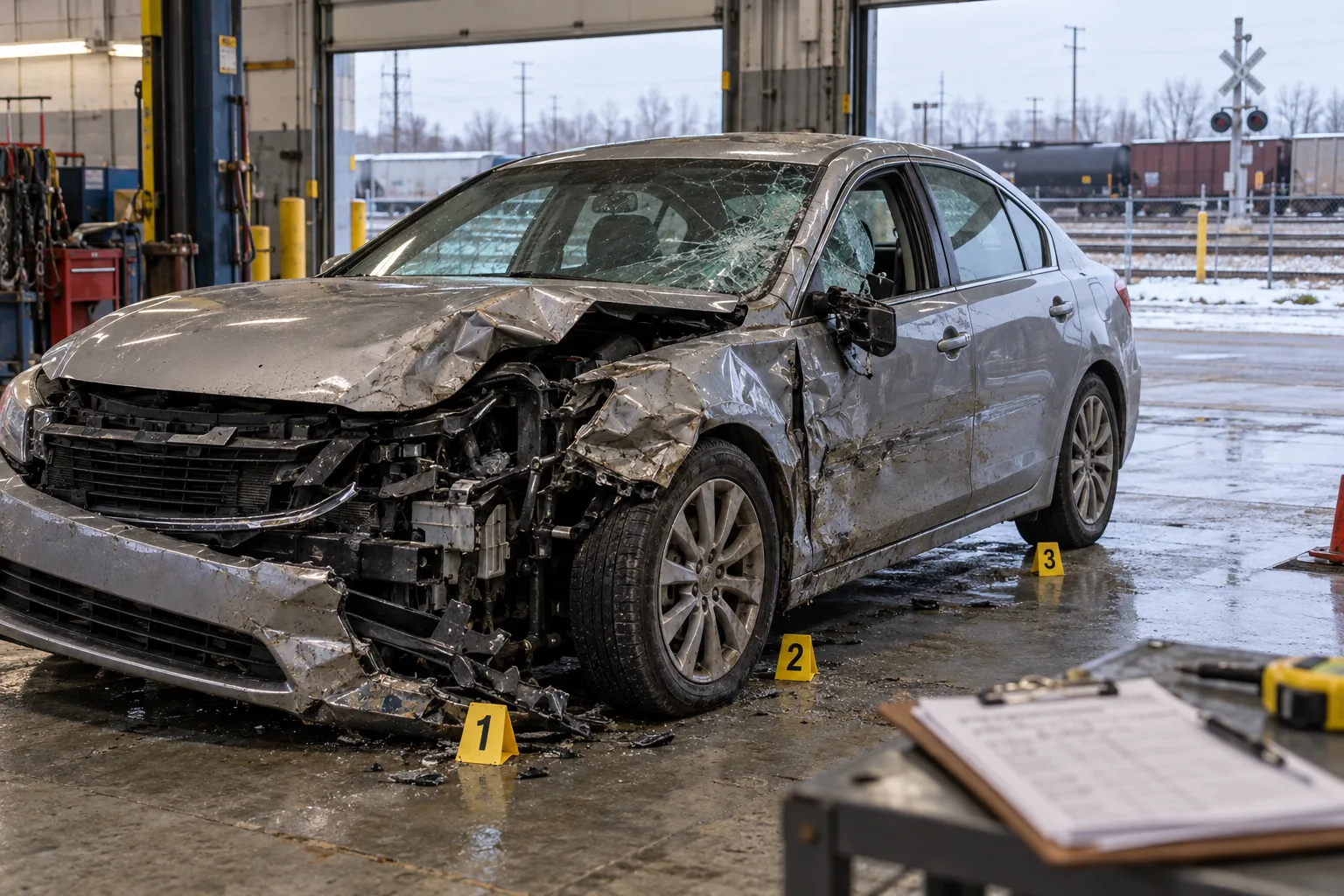 Illustration of Damaged vehicle preserved at a towing facility for inspection