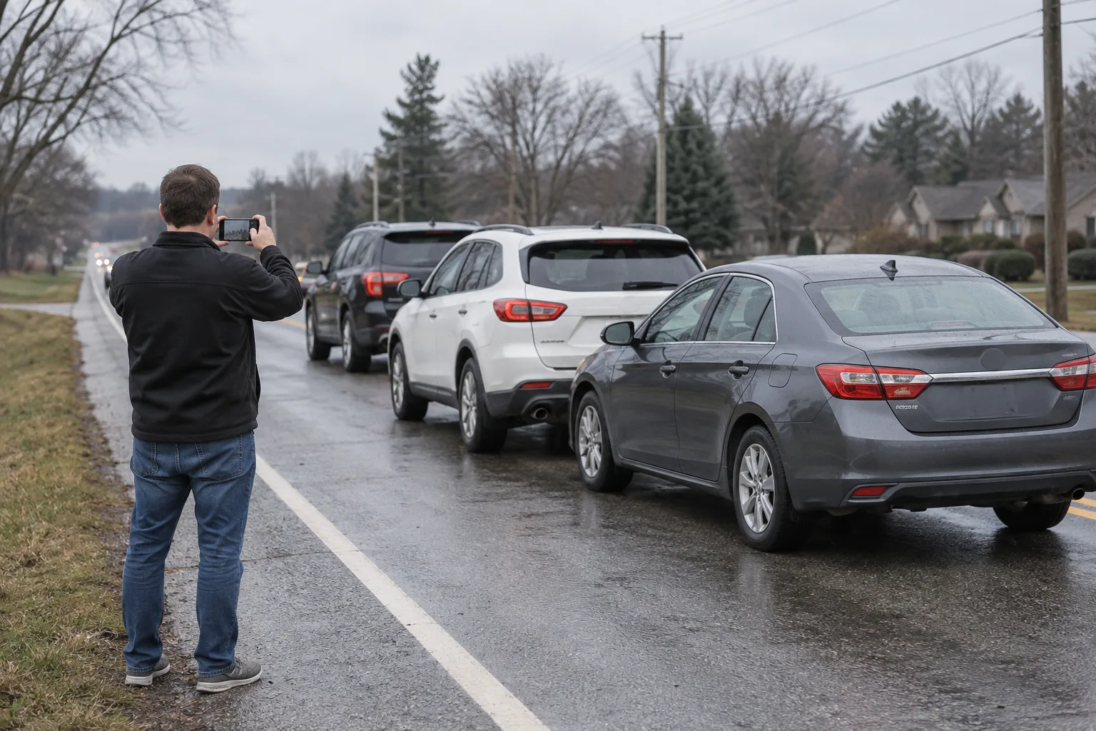 Driver photographing vehicle positions from a safe roadside location after a traffic incident