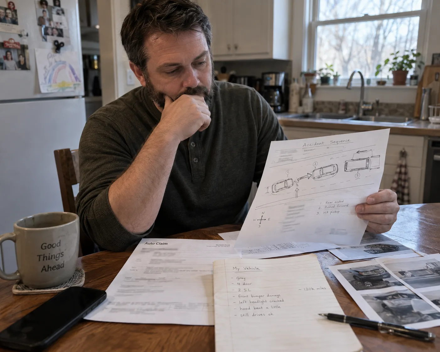 Person organizing a collision sequence and insurance claim notes at a table
