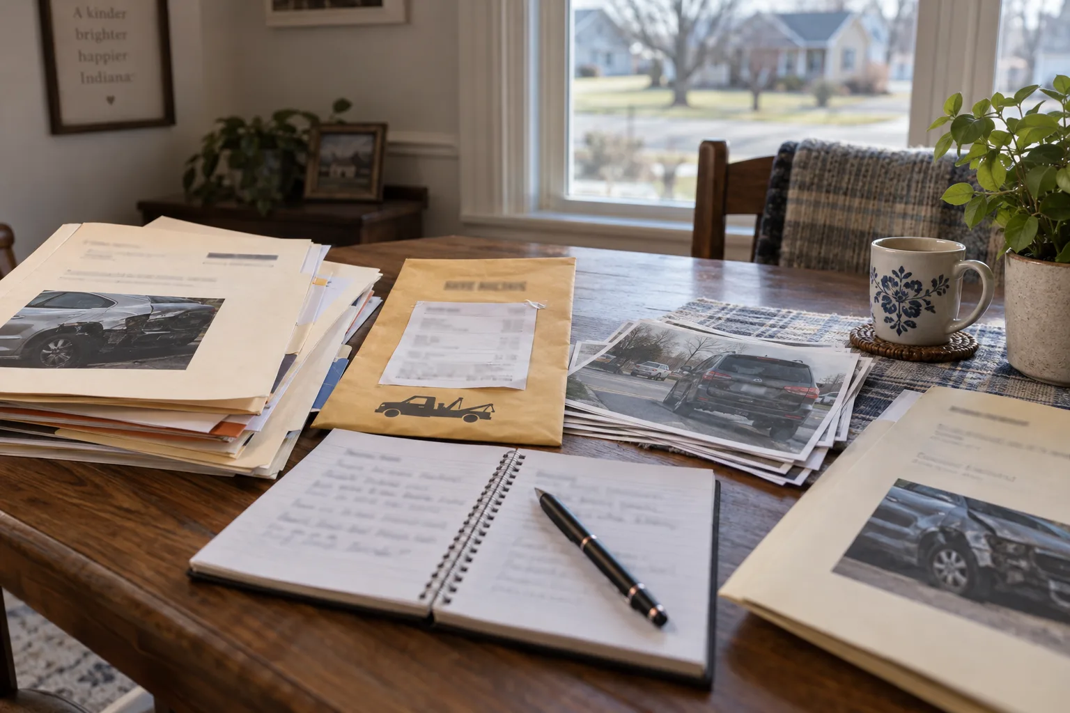 Organized vehicle repair, towing, photograph, and insurance records on a desk