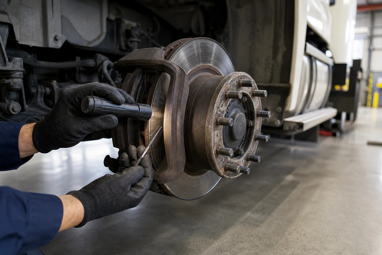Semi-truck brake inspection during maintenance after a serious rear-end collision investigation