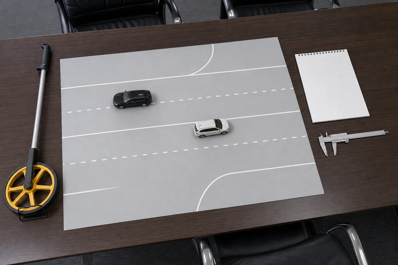 Accident reconstruction table with roadway diagram and model vehicles for a semi-truck rear-end crash