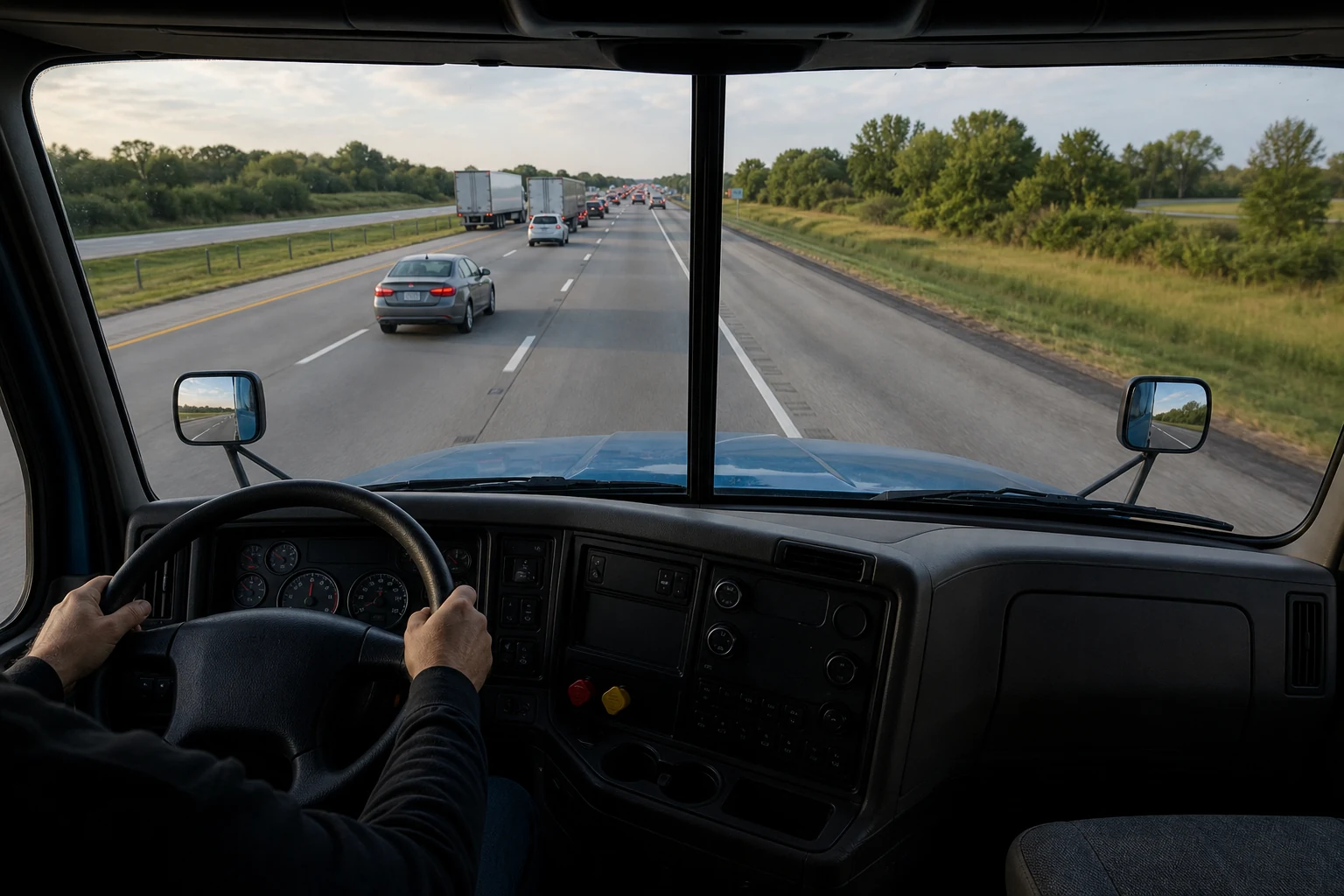 Semi-truck driver perspective showing roadway traffic ahead and the importance of safe following distance