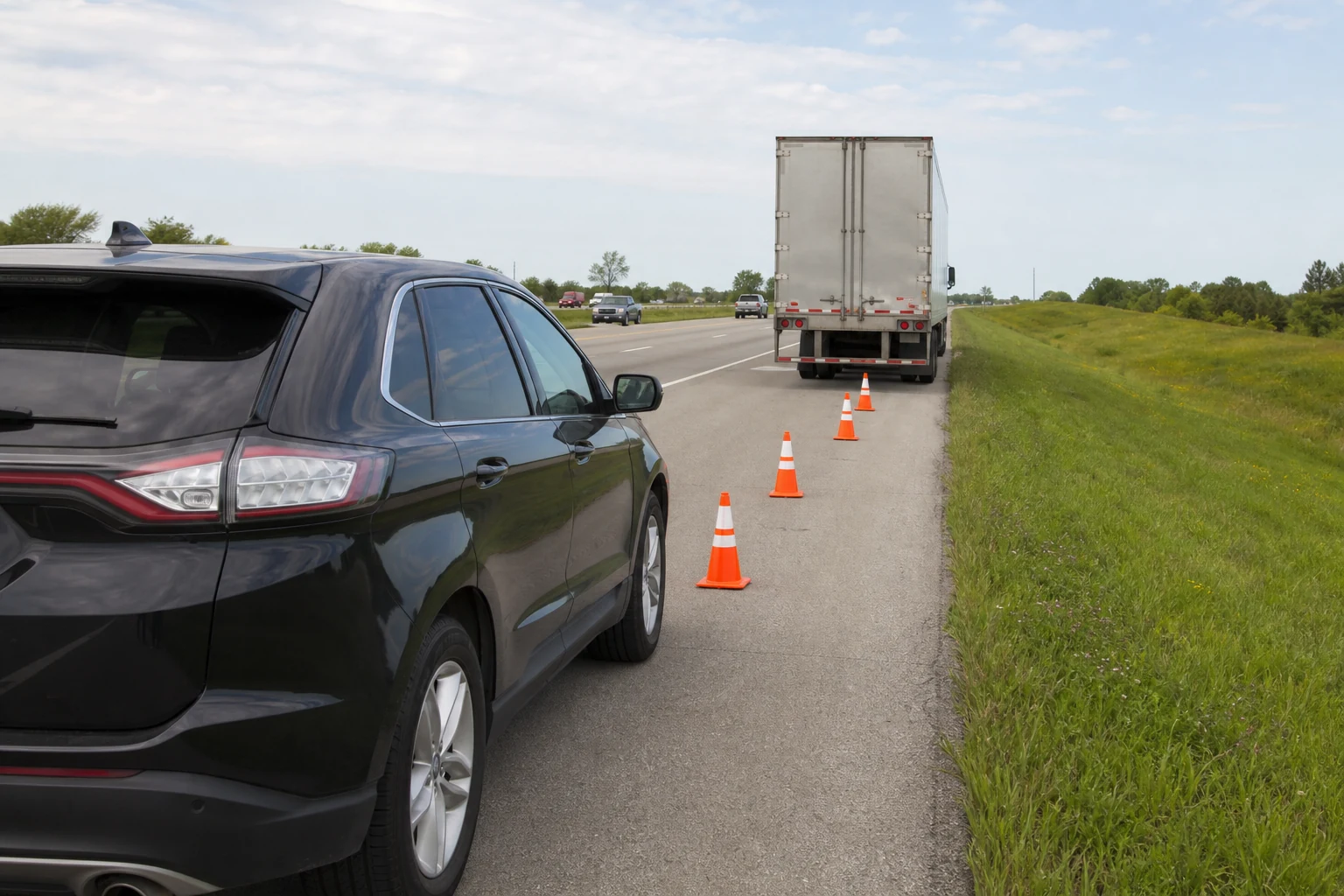 Semi-truck and passenger vehicle safely stopped on an Indiana highway shoulder after an incident
