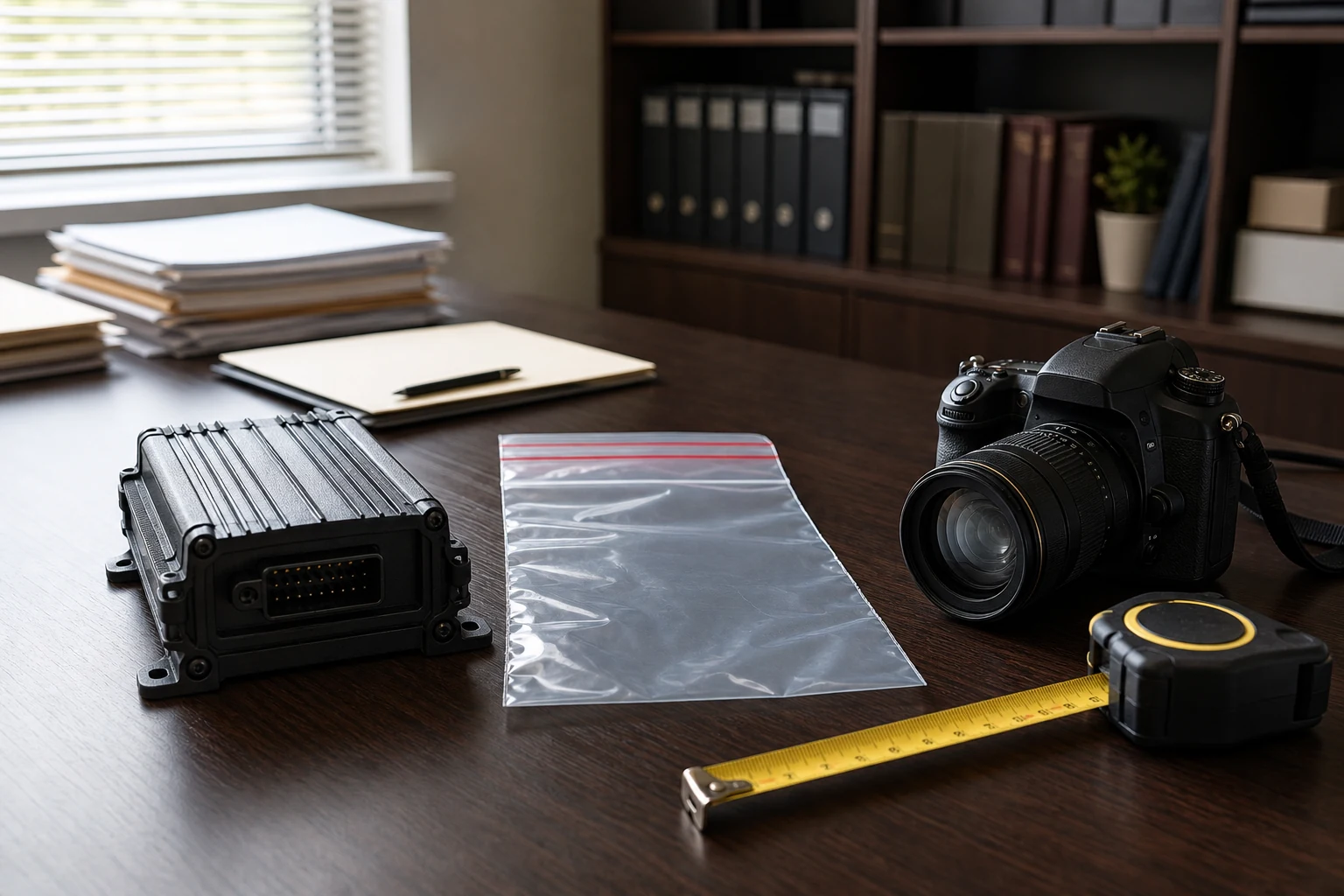 Truck accident investigation tools and electronic data recorder evidence on a law office desk