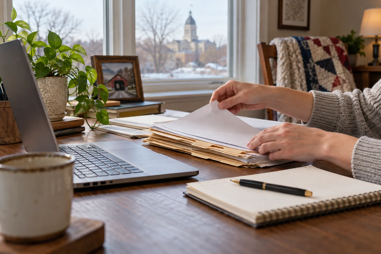 A remote employee organizing work files at a home-office desk.