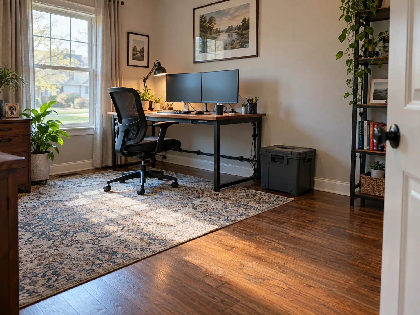 Work equipment beside a clear walking path in an Indiana home office.