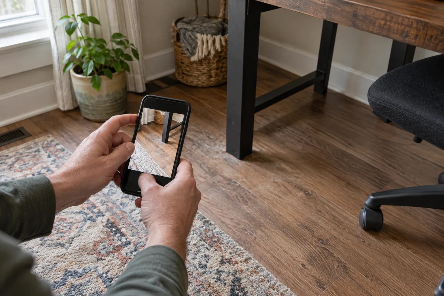 A remote worker photographing a home-office area to document the scene.
