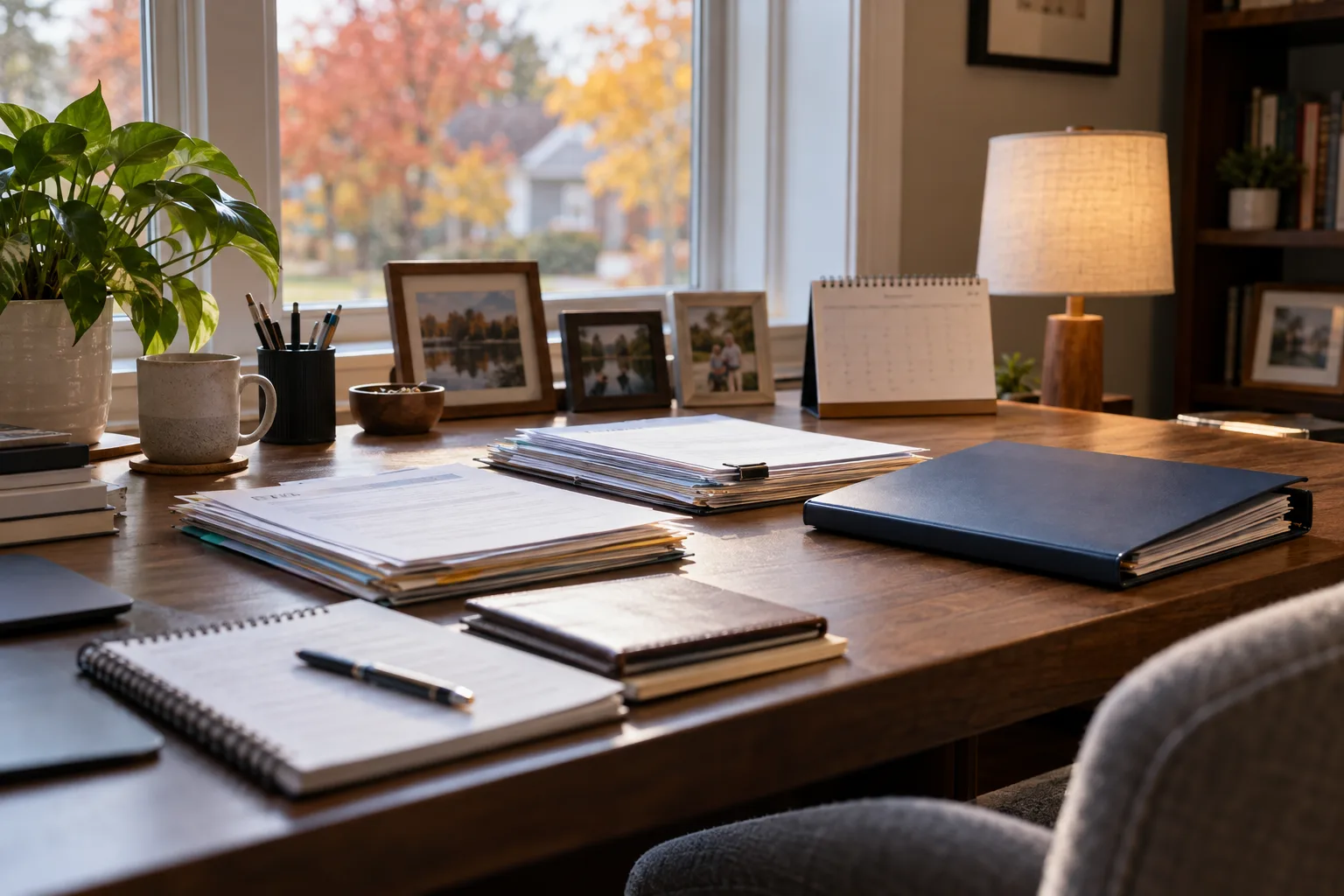 Work records and supporting documents organized on a home-office desk.