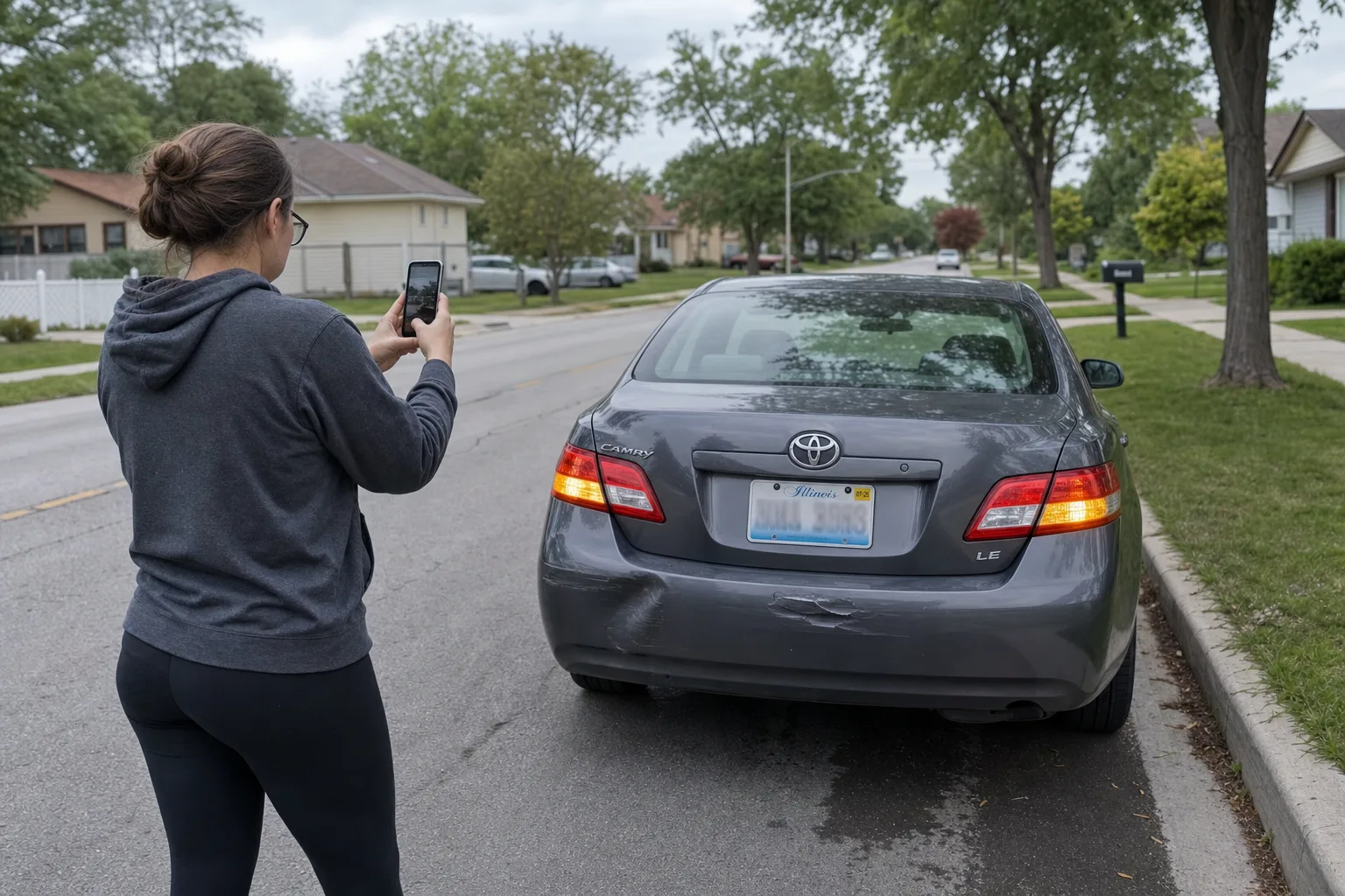 A driver photographing vehicle damage on the roadside after a minor crash