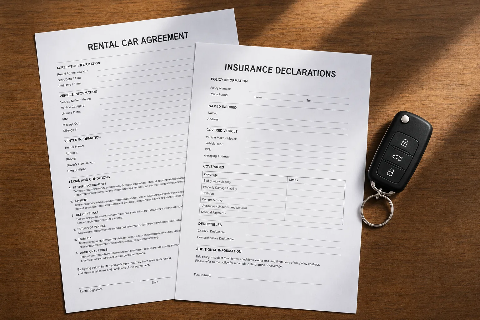 A rental agreement, insurance declarations page, and car keys on a table
