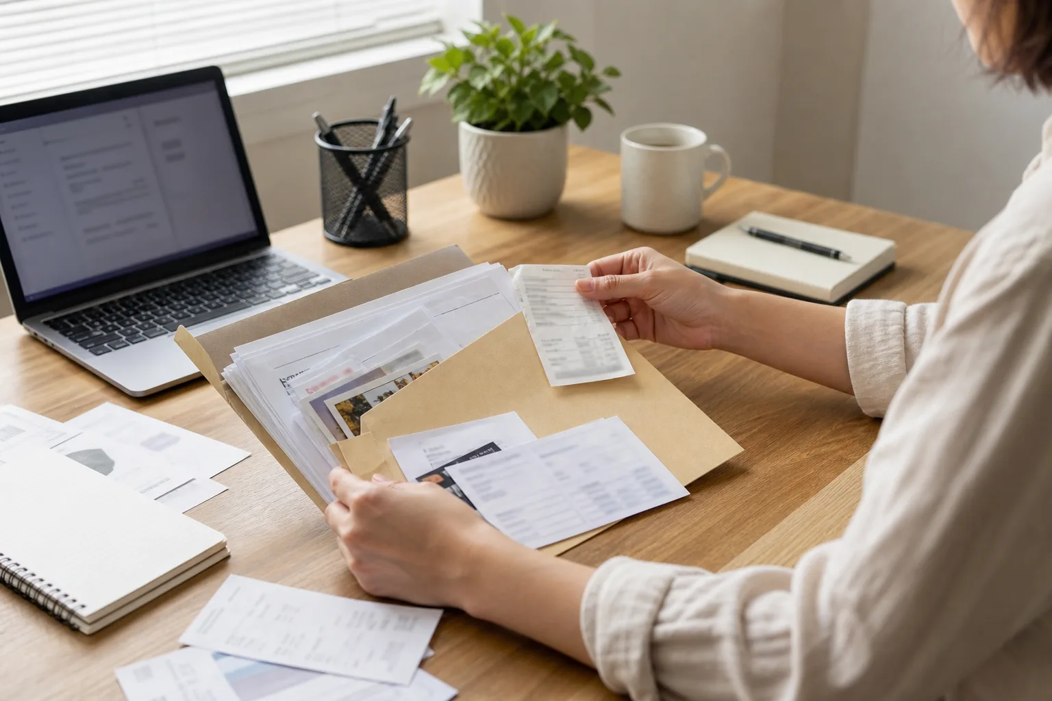 A person organizing crash and rental documents into a folder