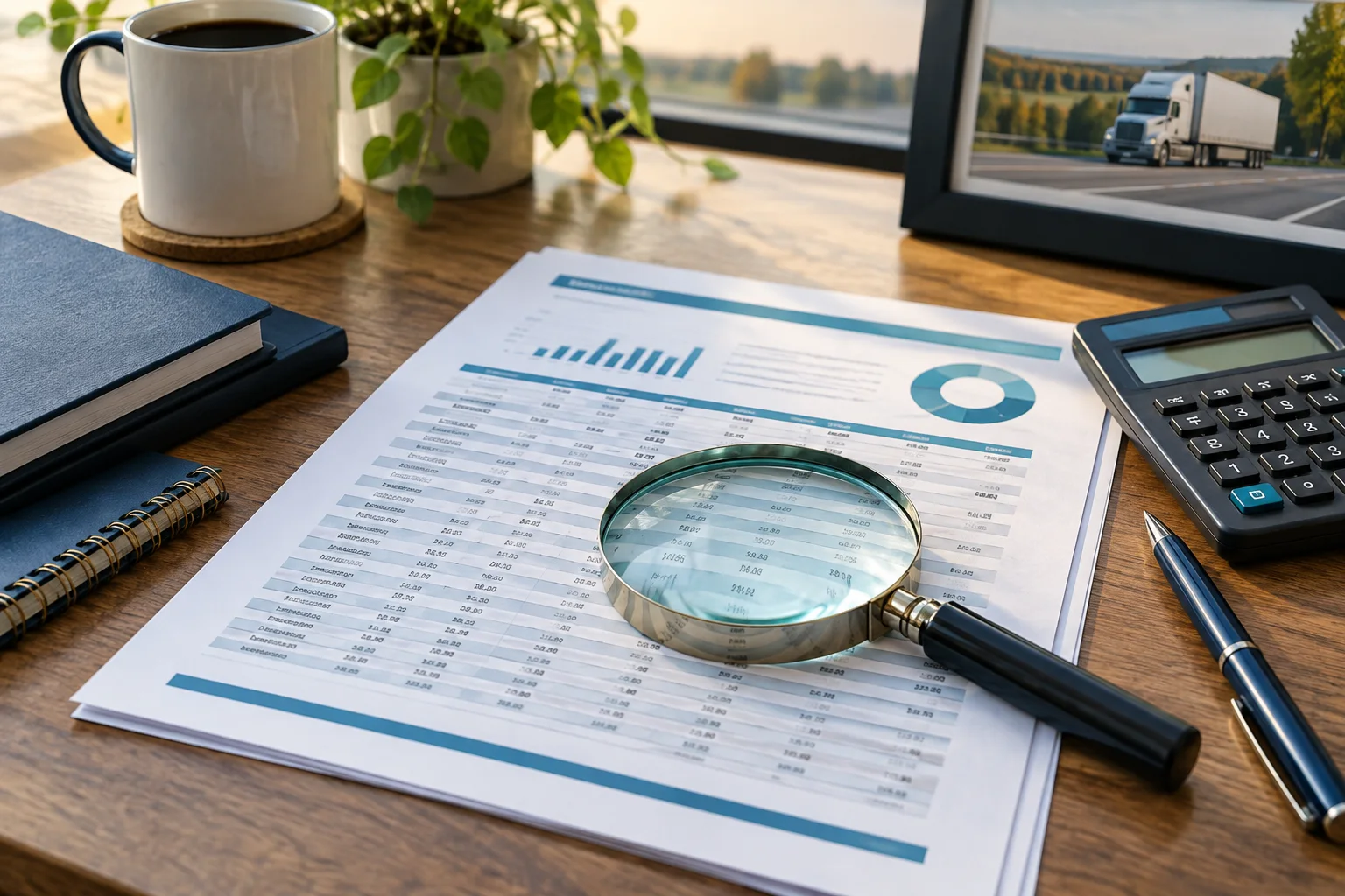 Illustration of a magnifying glass, report, and calculator on a desk