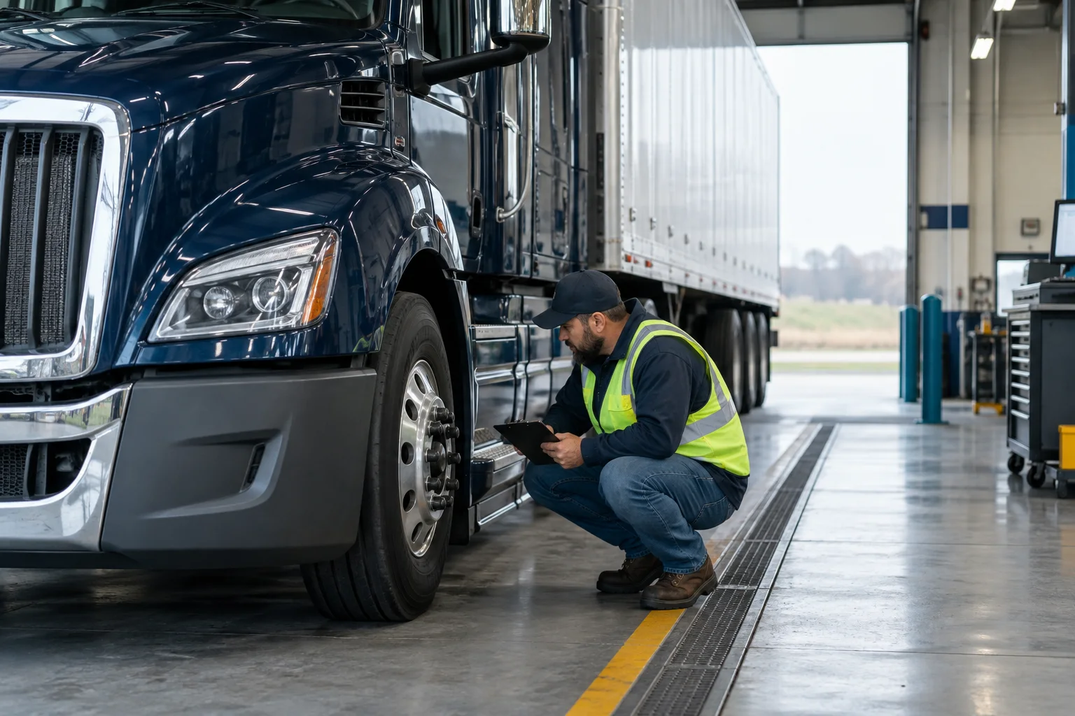 Illustration of a technician inspecting a parked truck in a service bay