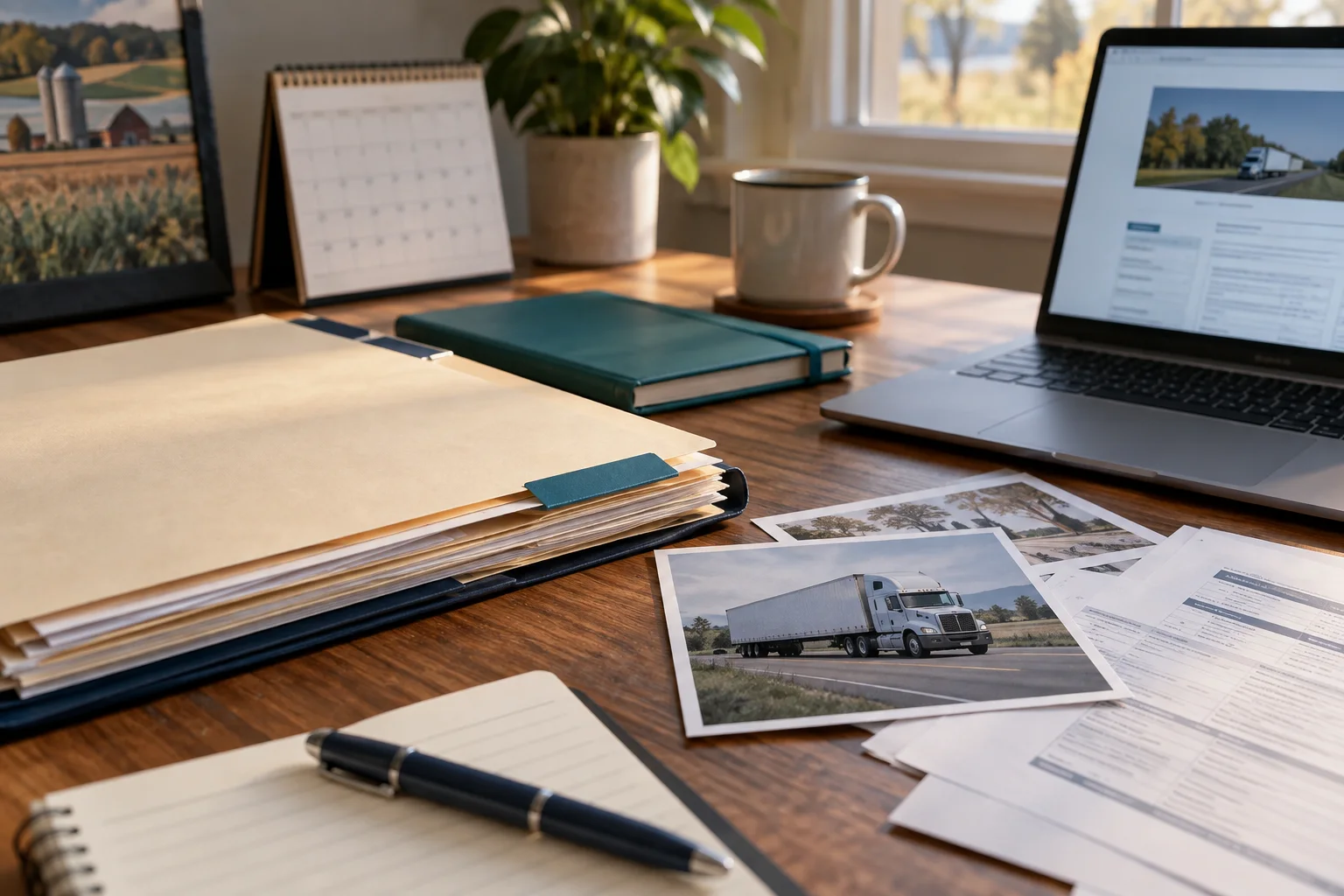 Illustration of a folder, truck photographs, and laptop arranged for research