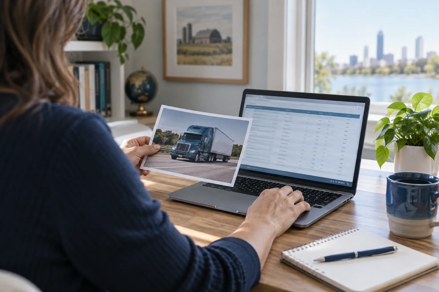 Illustration of a person comparing a truck photograph with a generic record on a laptop