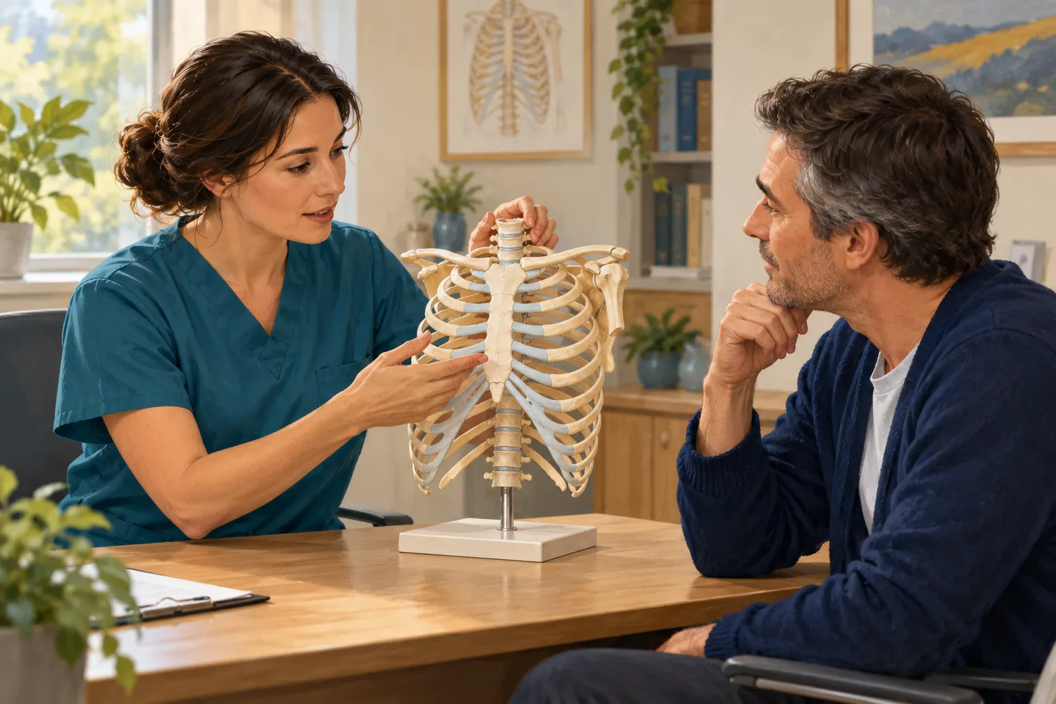 Illustration of a clinician explaining a rib-cage model to an adult