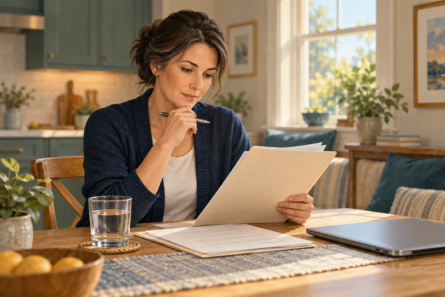 Illustration of an adult reviewing discharge papers at home