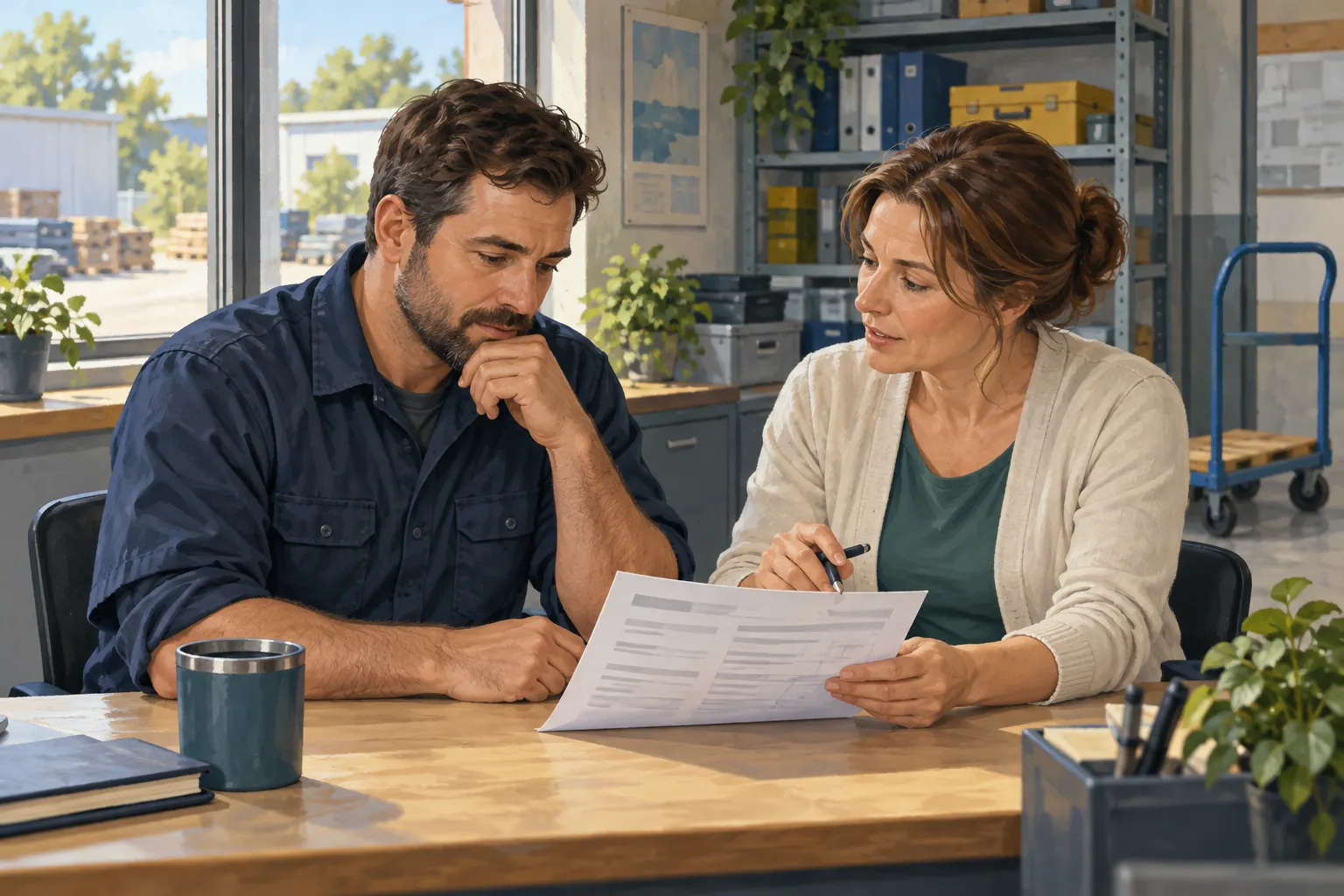 Illustration of a worker and supervisor discussing a task sheet