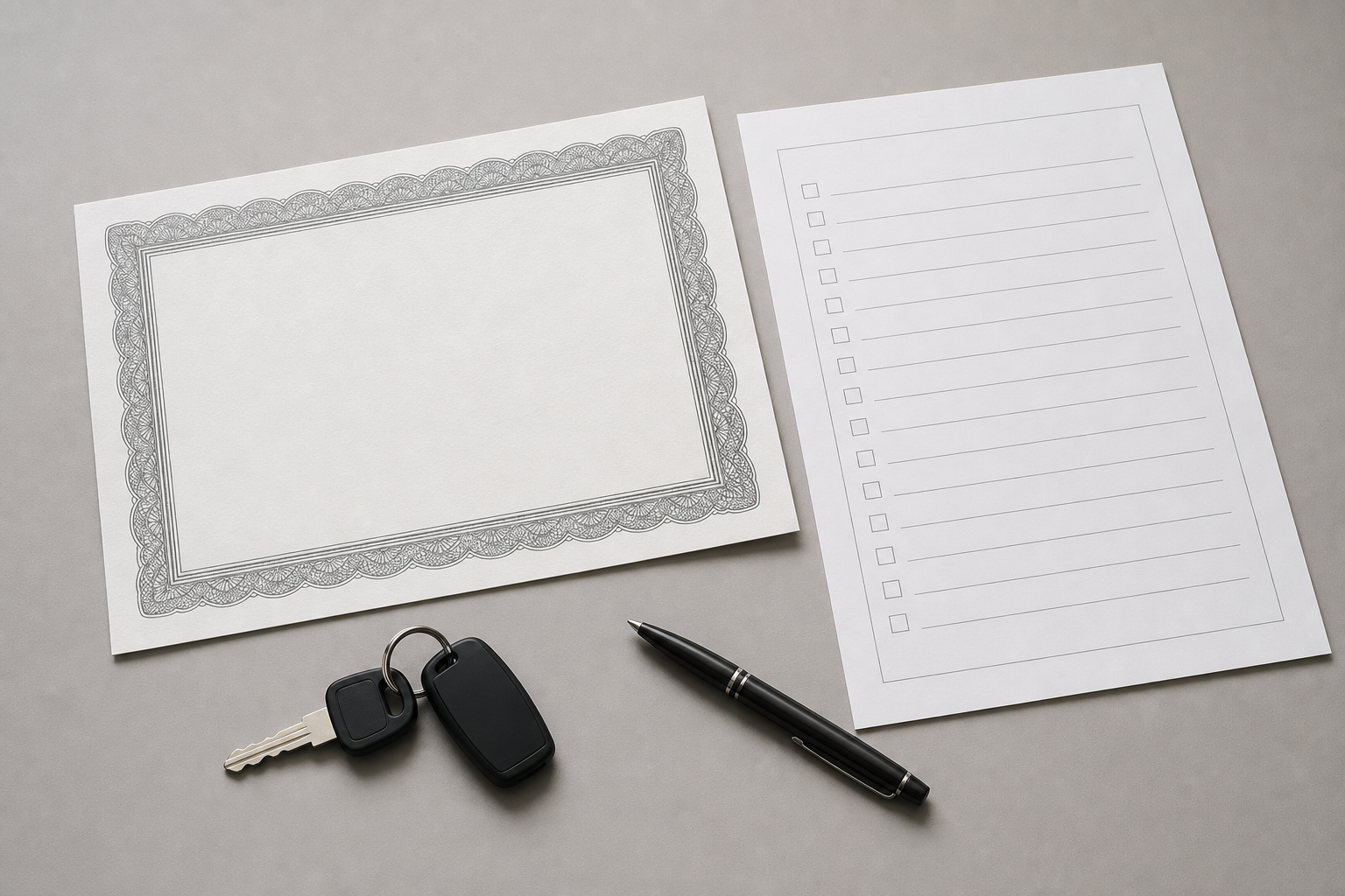 Blank motorcycle training and endorsement paperwork with motorcycle key