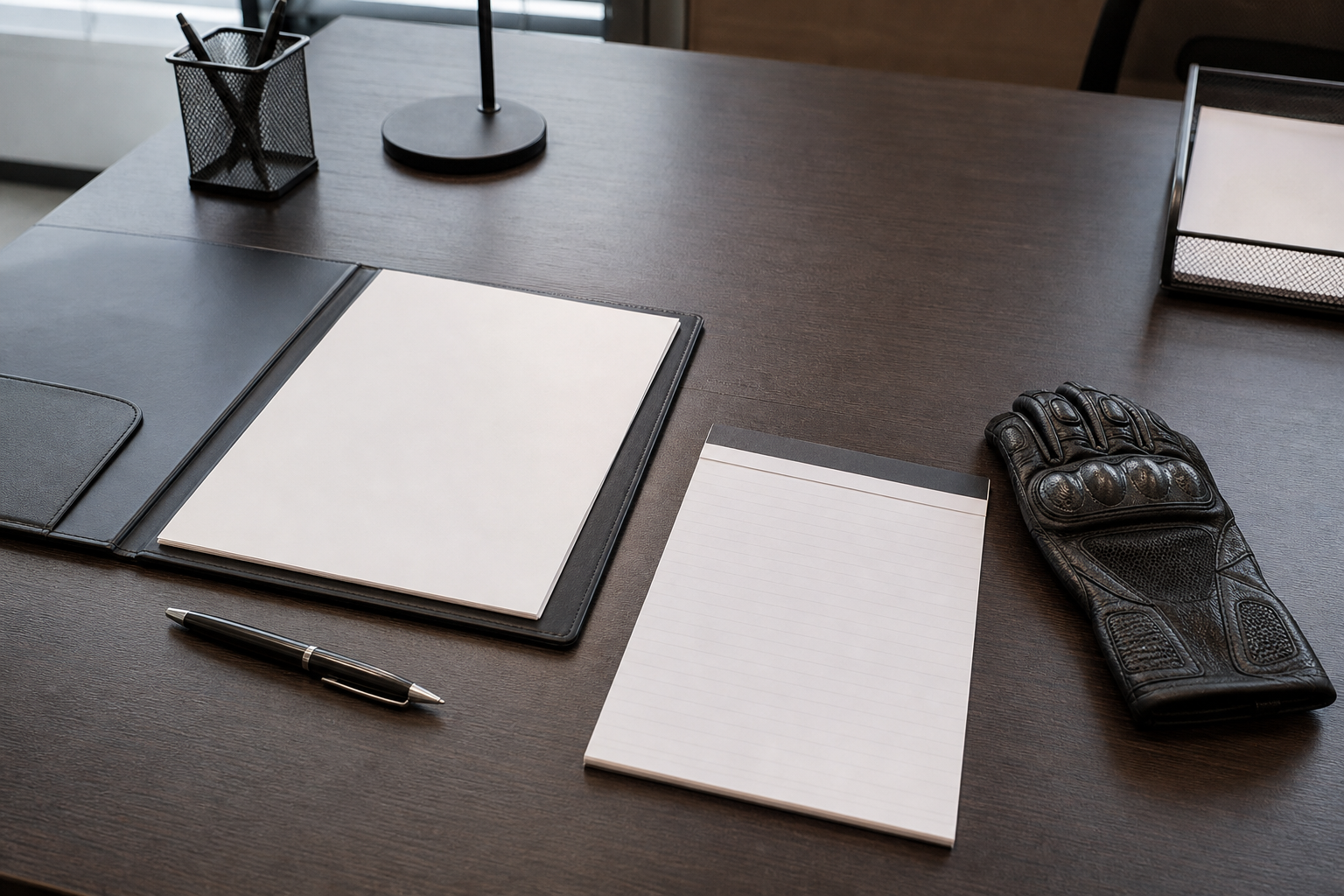 Blank insurance claim documents and motorcycle glove for rider blame dispute