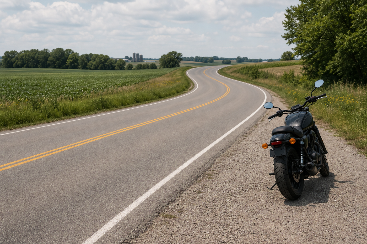 Motorcycle parked safely near Midwest two lane curve for rider judgment discussion
