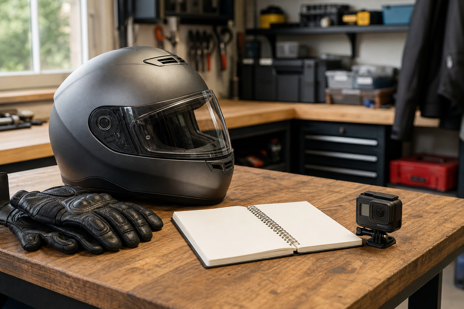 Motorcycle helmet gloves camera and blank notebook preserved for accident evidence