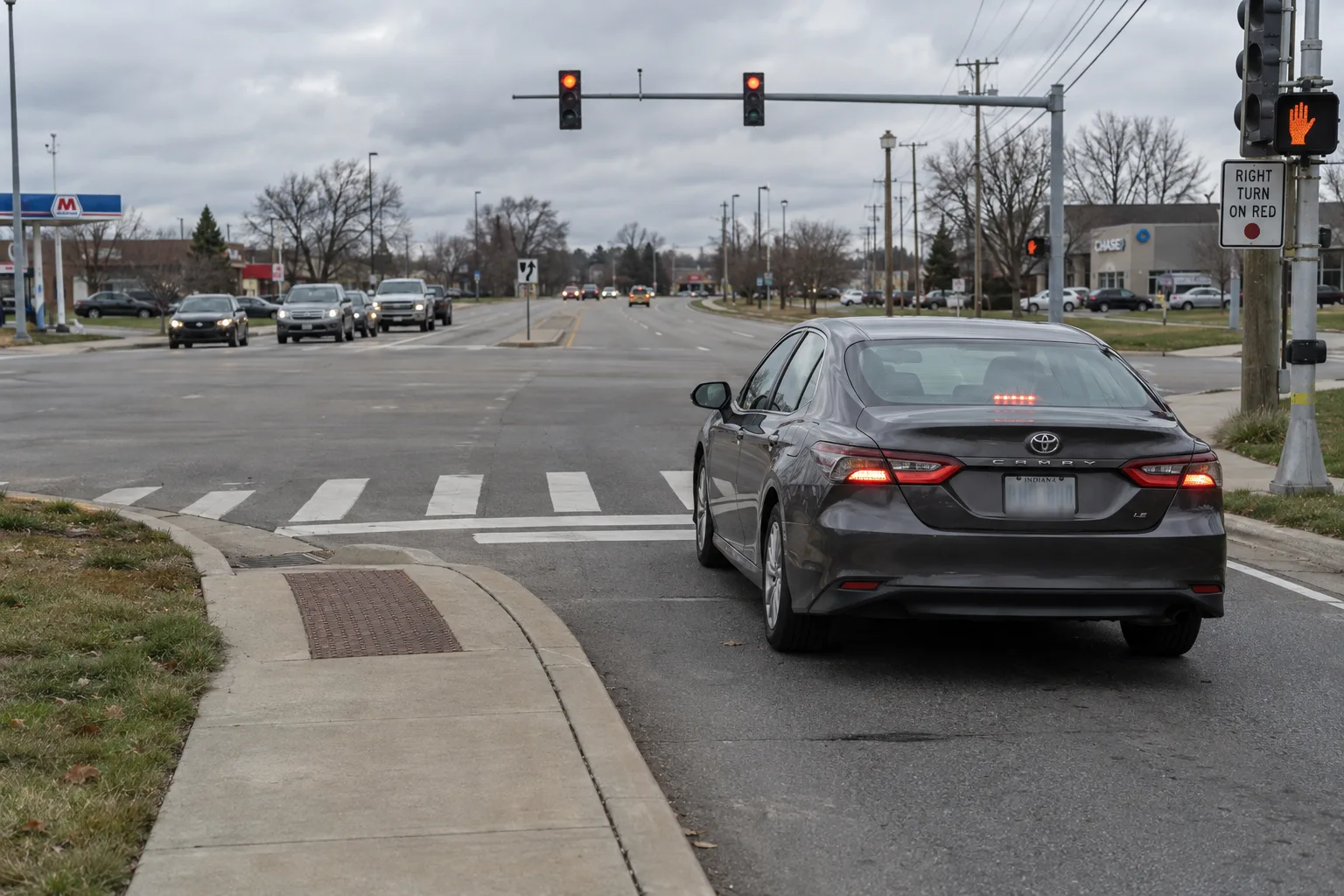 Car stopped behind the line before a right turn at a northeast Indiana intersection