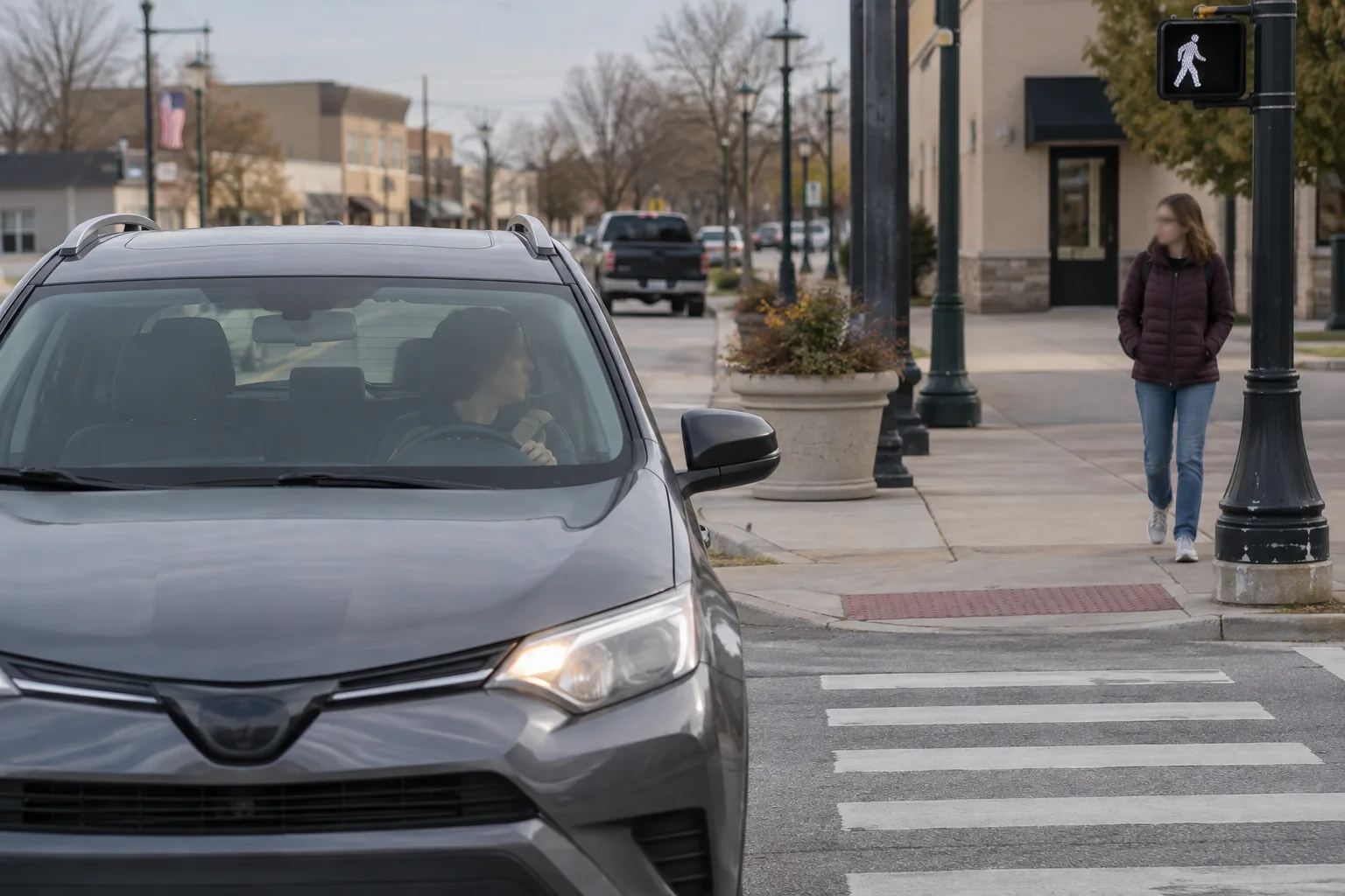Pedestrian approaching a crosswalk beside a stopped right-turning vehicle