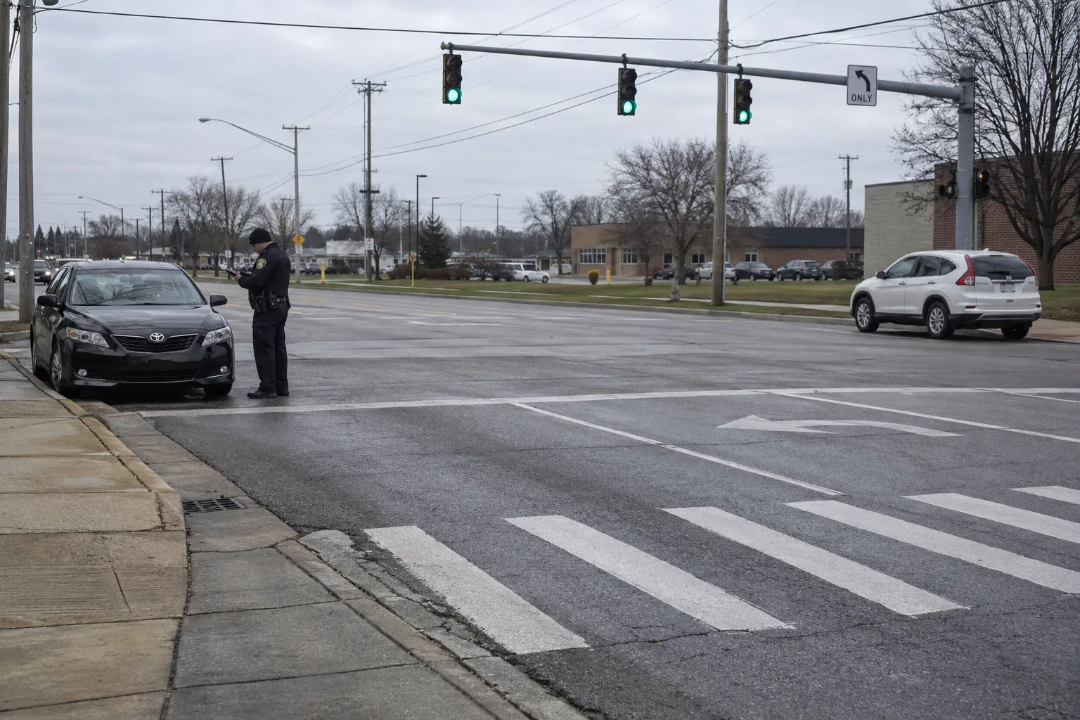 Intersection layout and traffic controls being documented after a minor Indiana traffic incident