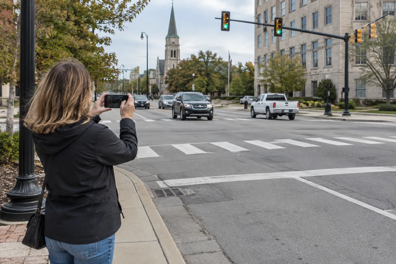 Person safely photographing traffic controls and a crosswalk after an Indiana intersection crash