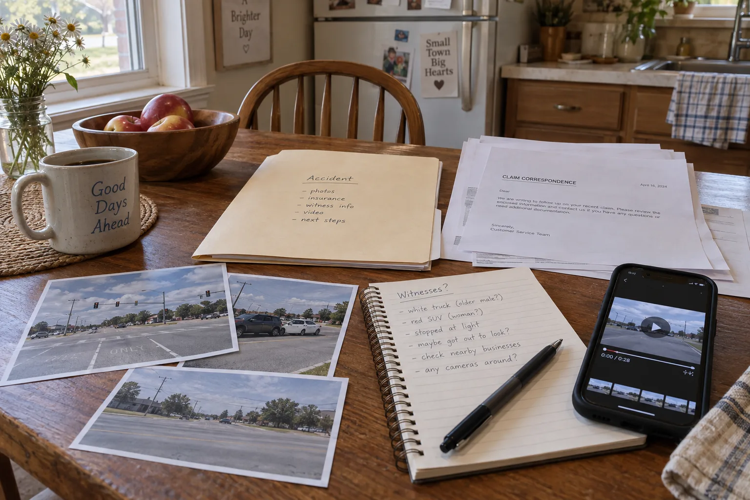 Organized photographs, witness notes, and insurance records for an Indiana crash claim
