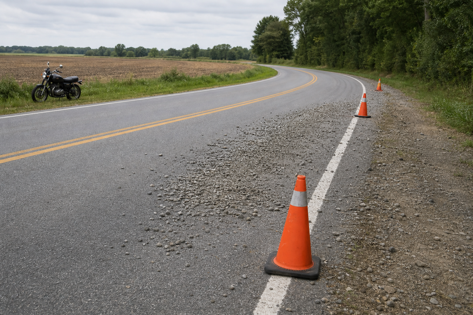 Loose gravel hazard on Indiana curve with motorcycle safely parked nearby