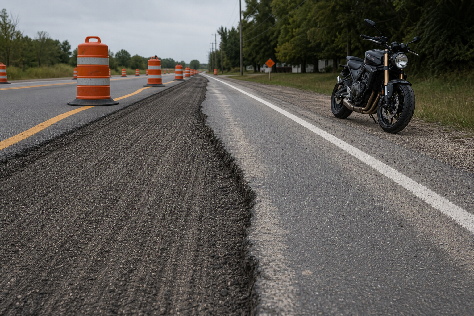 Uneven pavement edge in road construction zone with motorcycle safely nearby