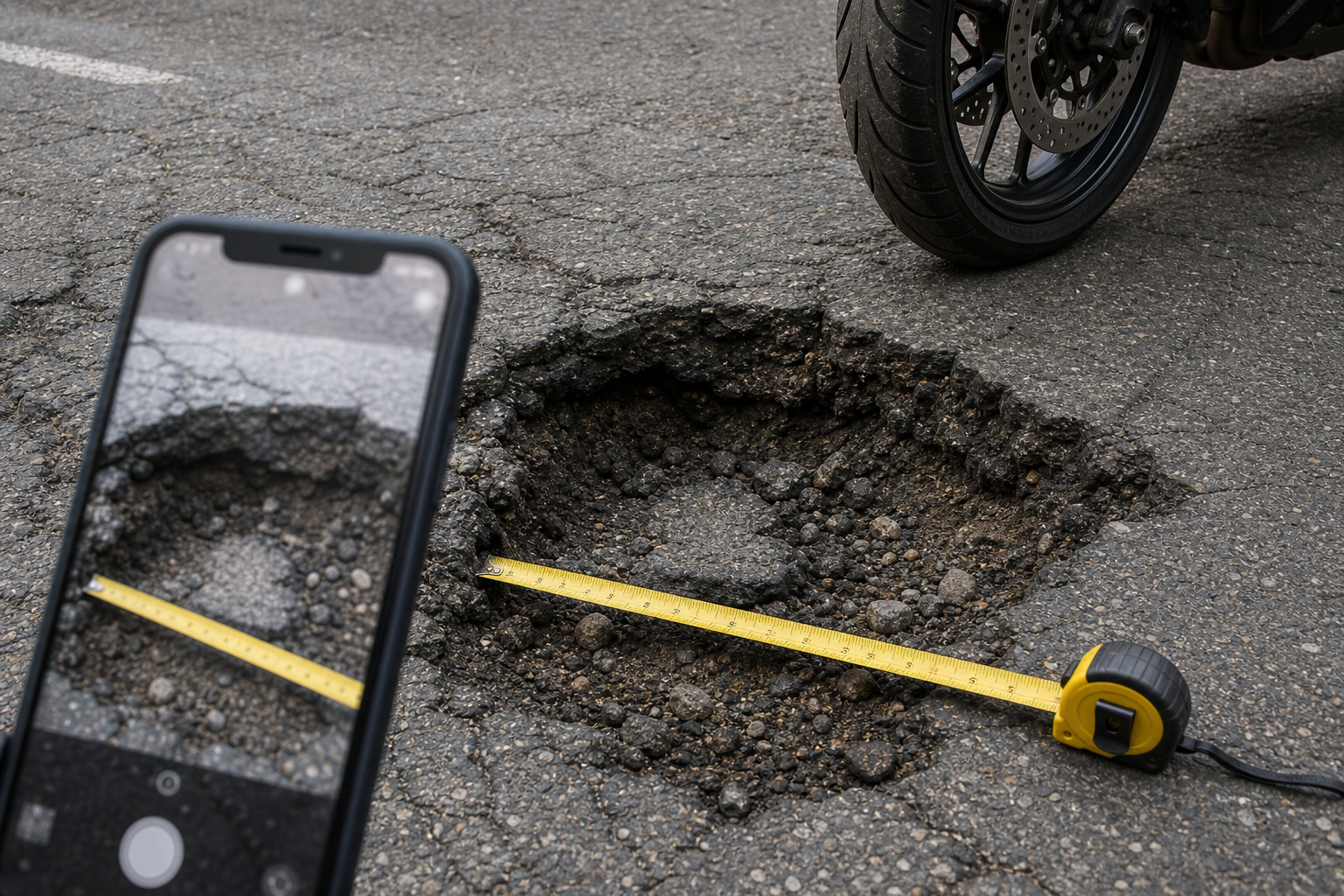 Photographing pothole and broken asphalt evidence after Indiana motorcycle crash
