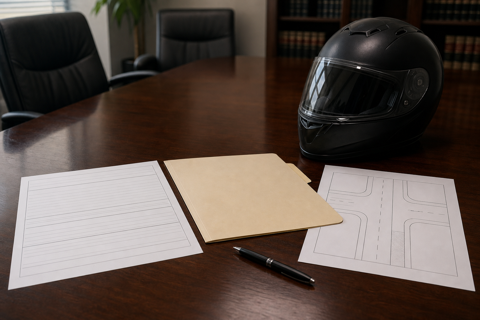 Motorcycle helmet and road hazard legal claim documents on attorney desk