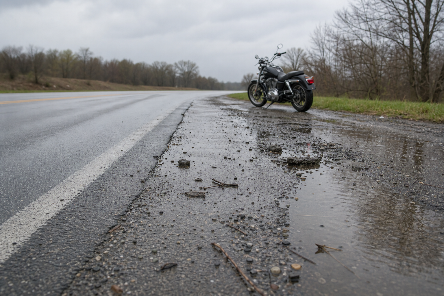 Standing water debris and uneven pavement seam on Indiana road with motorcycle nearby