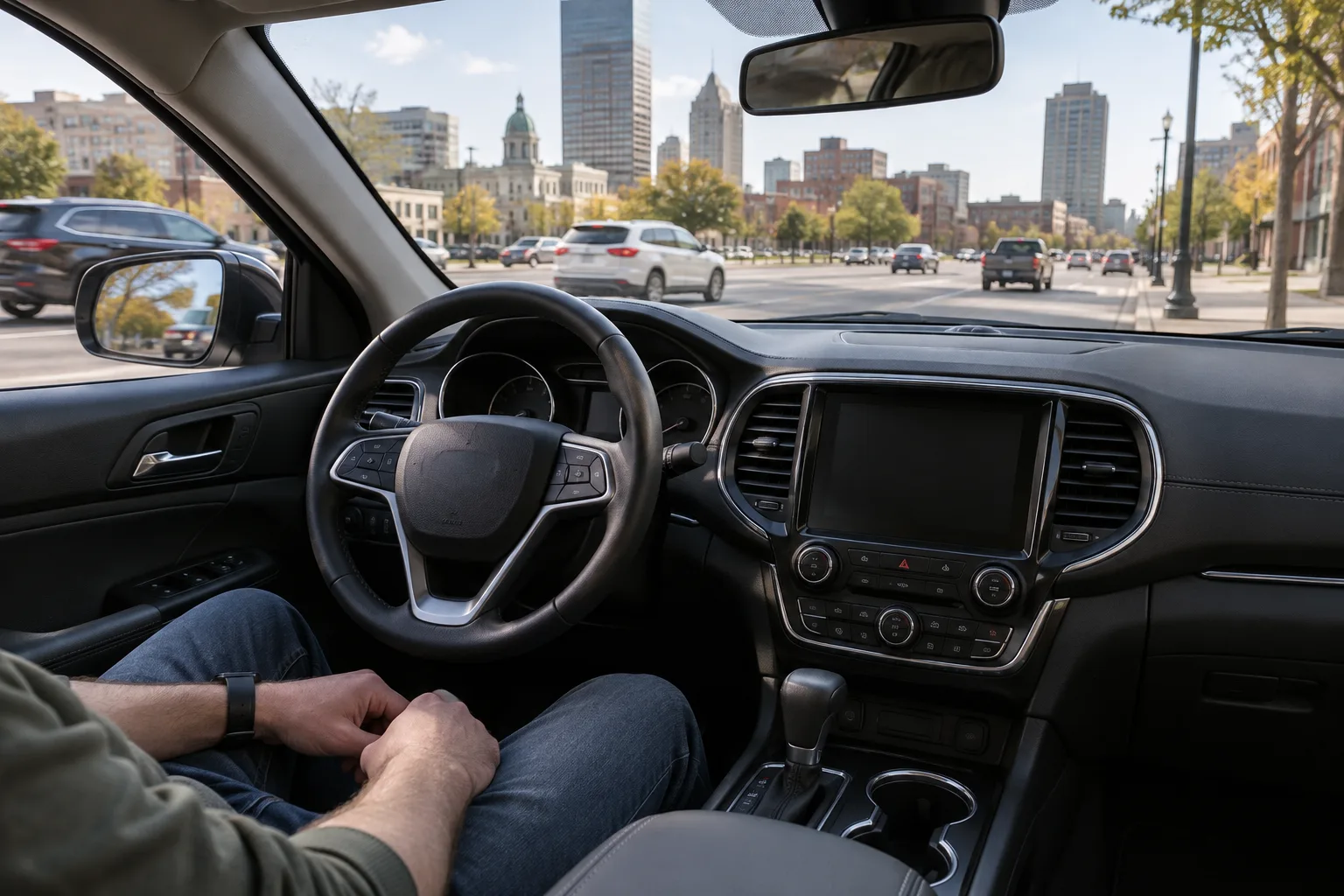 Driver remaining calm inside a parked car while traffic passes